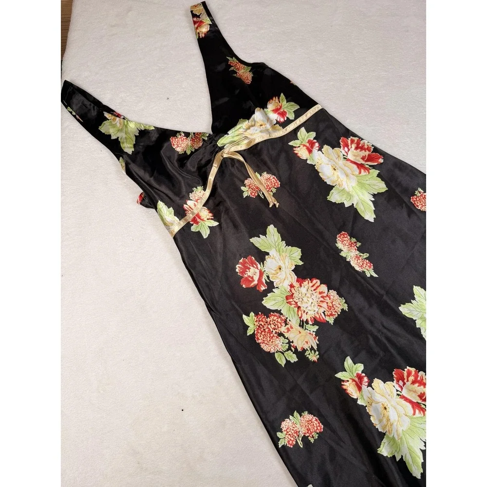 Jones New York Gown Womens Medium Black Floral Satin Chemise Adjustable Strap